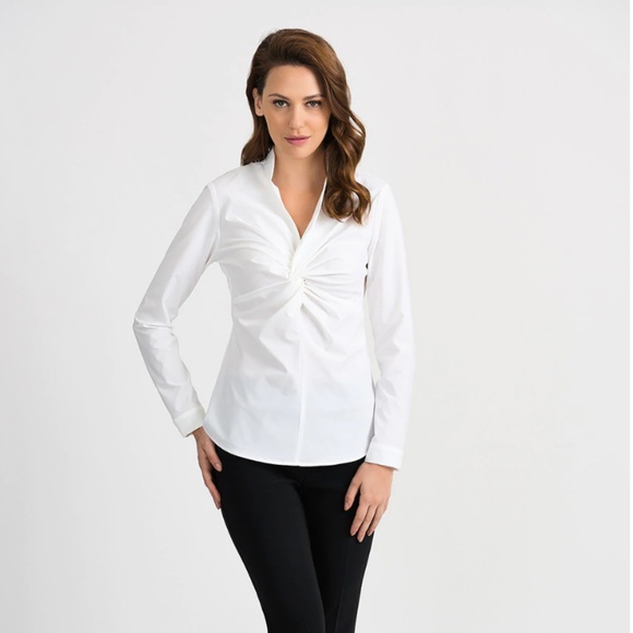 Joseph Ribkoff White Ruched V-Neck Long Sleeve Blouse 201281 NEW - Picture 1 of 8